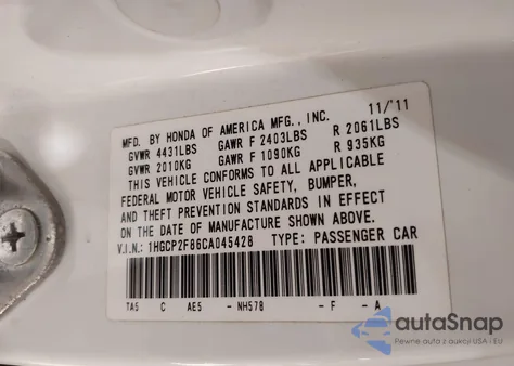 2012 Honda Accord 2.4 Ex-L from USA, damaged, VIN 1HGCP2F86CA045428